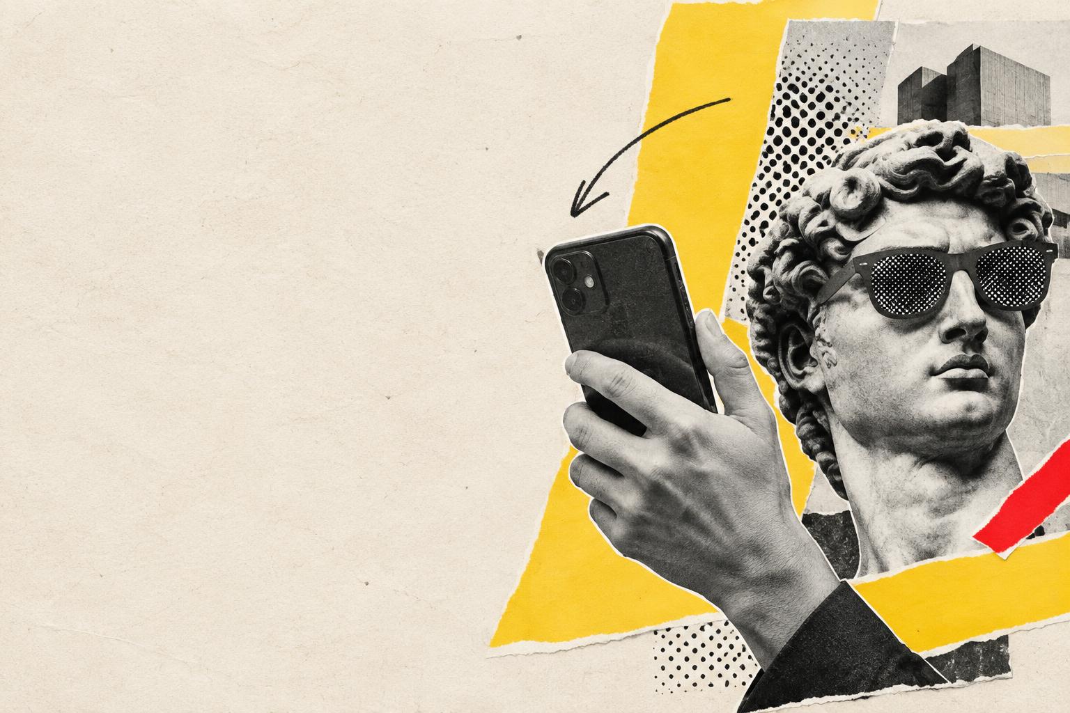 Colagem de papel, um celular e uma escultura com óculos: criatividade encontra o digital.